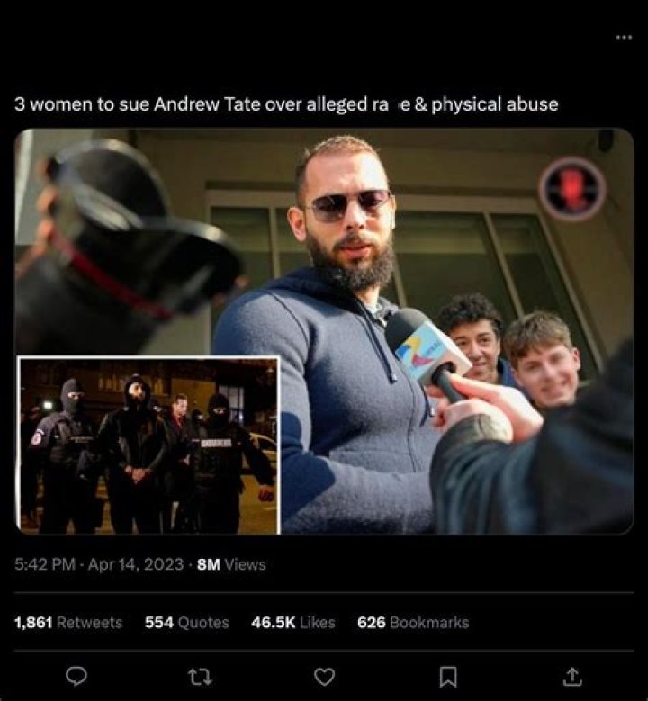 
Andrew Tate is slated to be sued by three British women for s*xual assault and physical abuse charges 