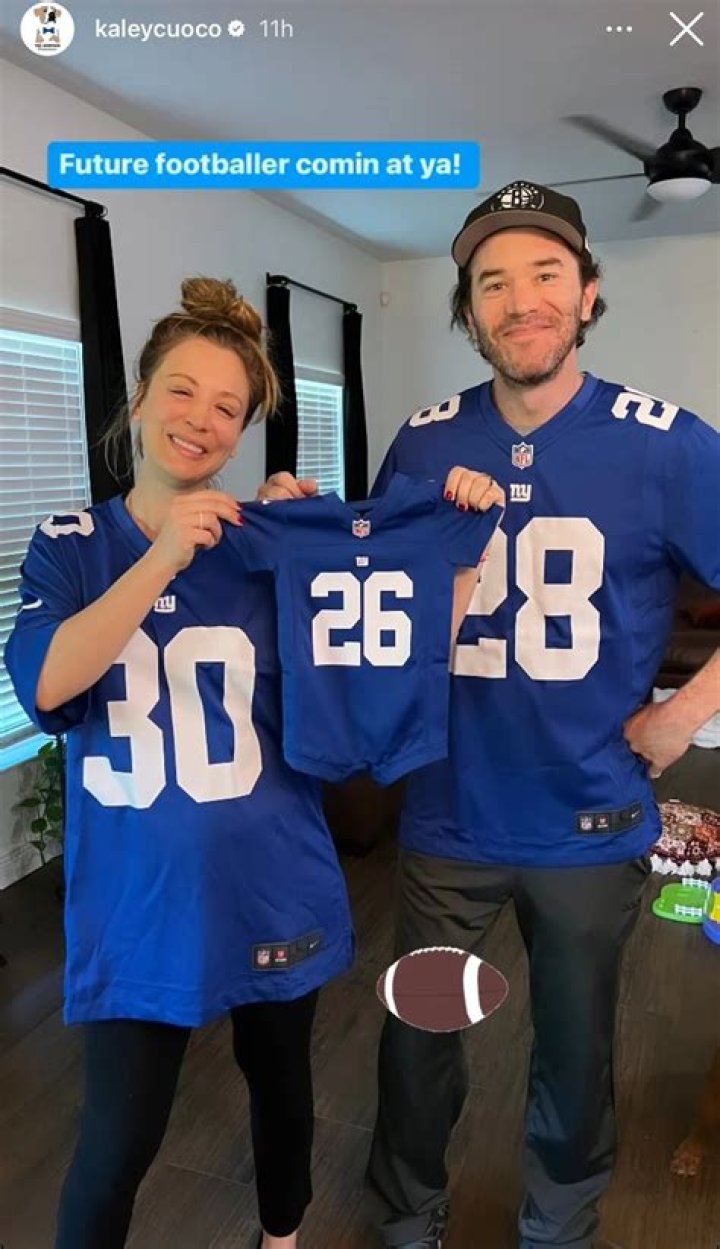 
Pregnant Kaley Cuoco Poses with Tom Pelphrey as They Share Sweet Gift for Baby: ‘Future Footballer’ 